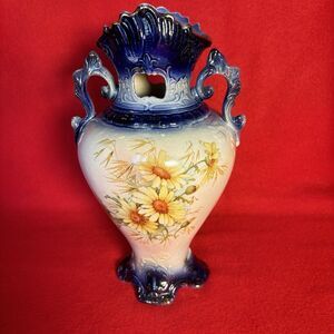 Antique Victorian Porcelain Vase Double Handles Cobalt Blue Gold Floral Urn